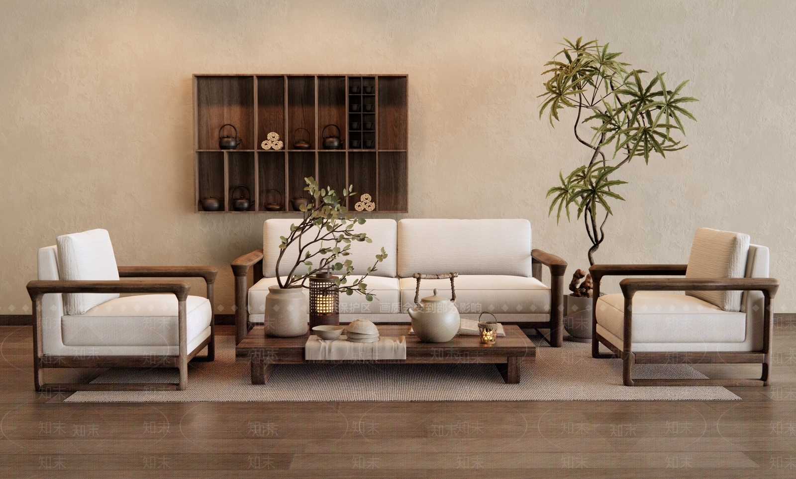 新中式原木沙发茶几组合3D模型下载【ID:1159056532】