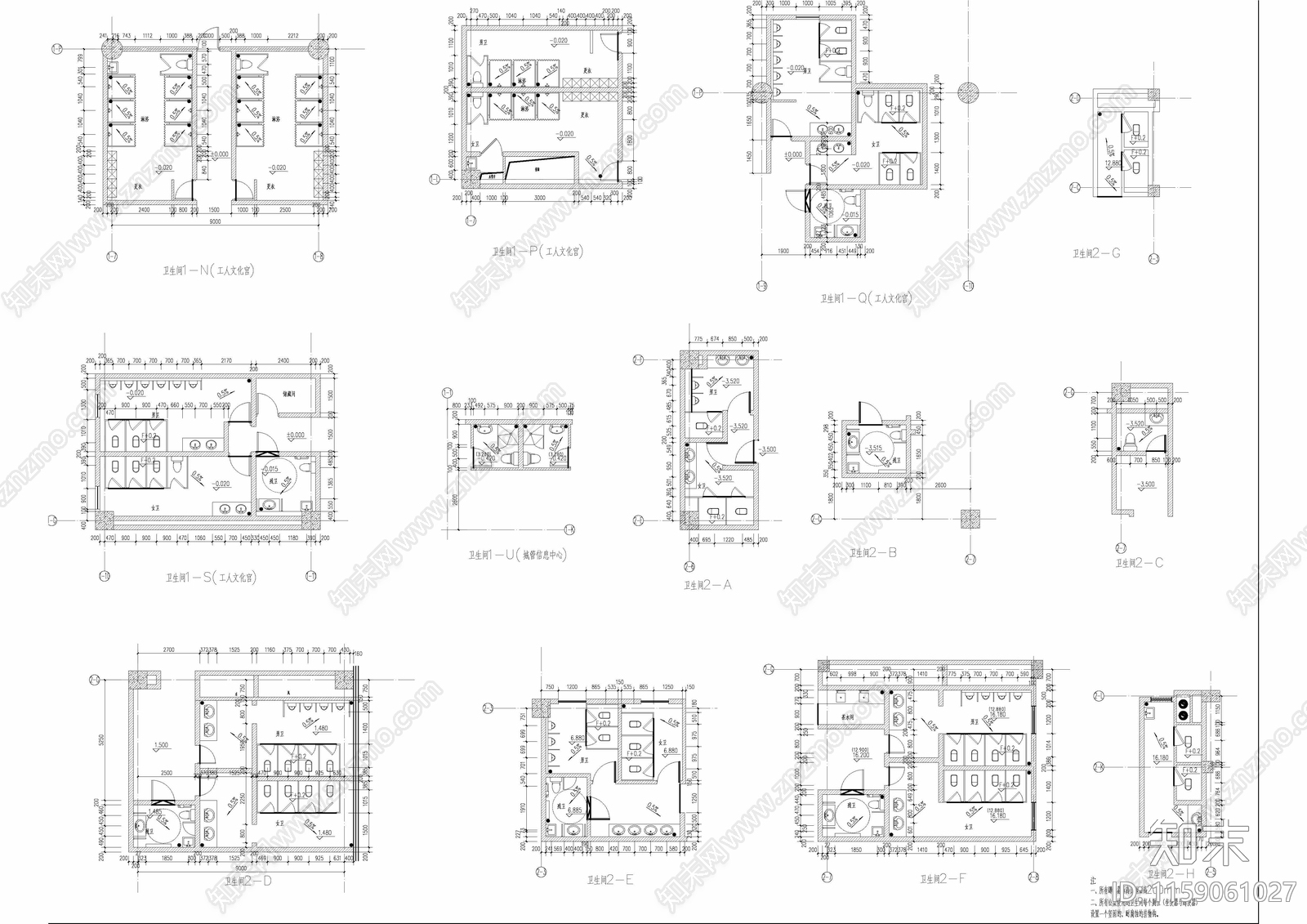 25个卫生间及沐浴间建筑平面布置图cad施工图下载【ID:1159061027】