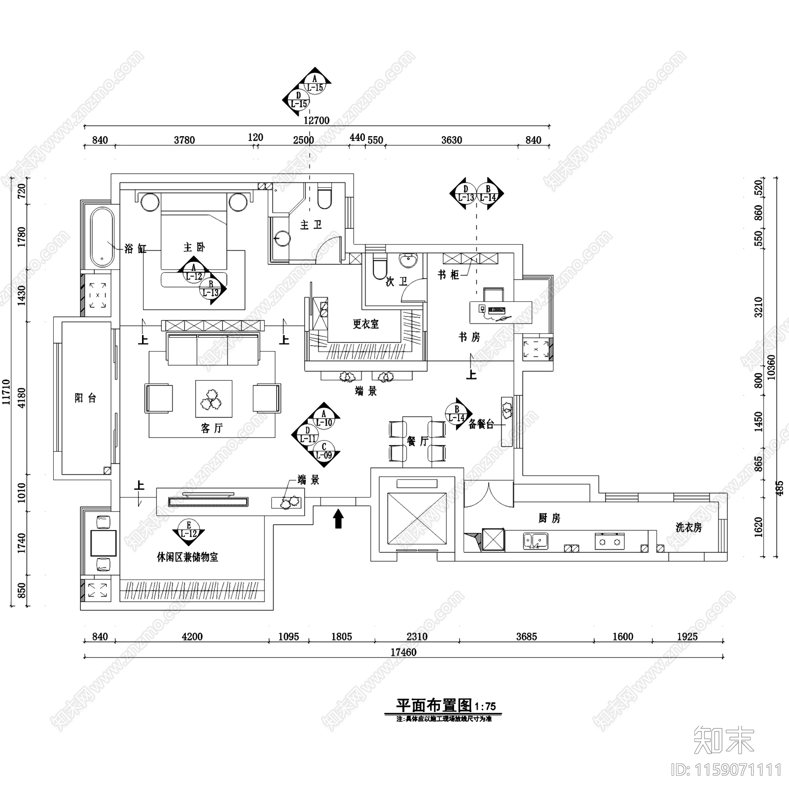 两室两厅两卫平层住宅室内家装CAcad施工图下载【ID:1159071111】
