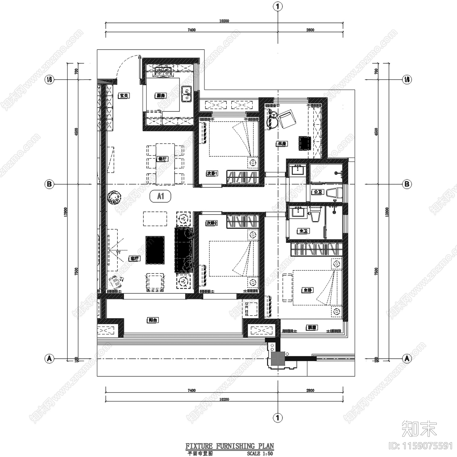 新中式海鸿鄄州府样板房A1户型cad施工图下载【ID:1159075591】