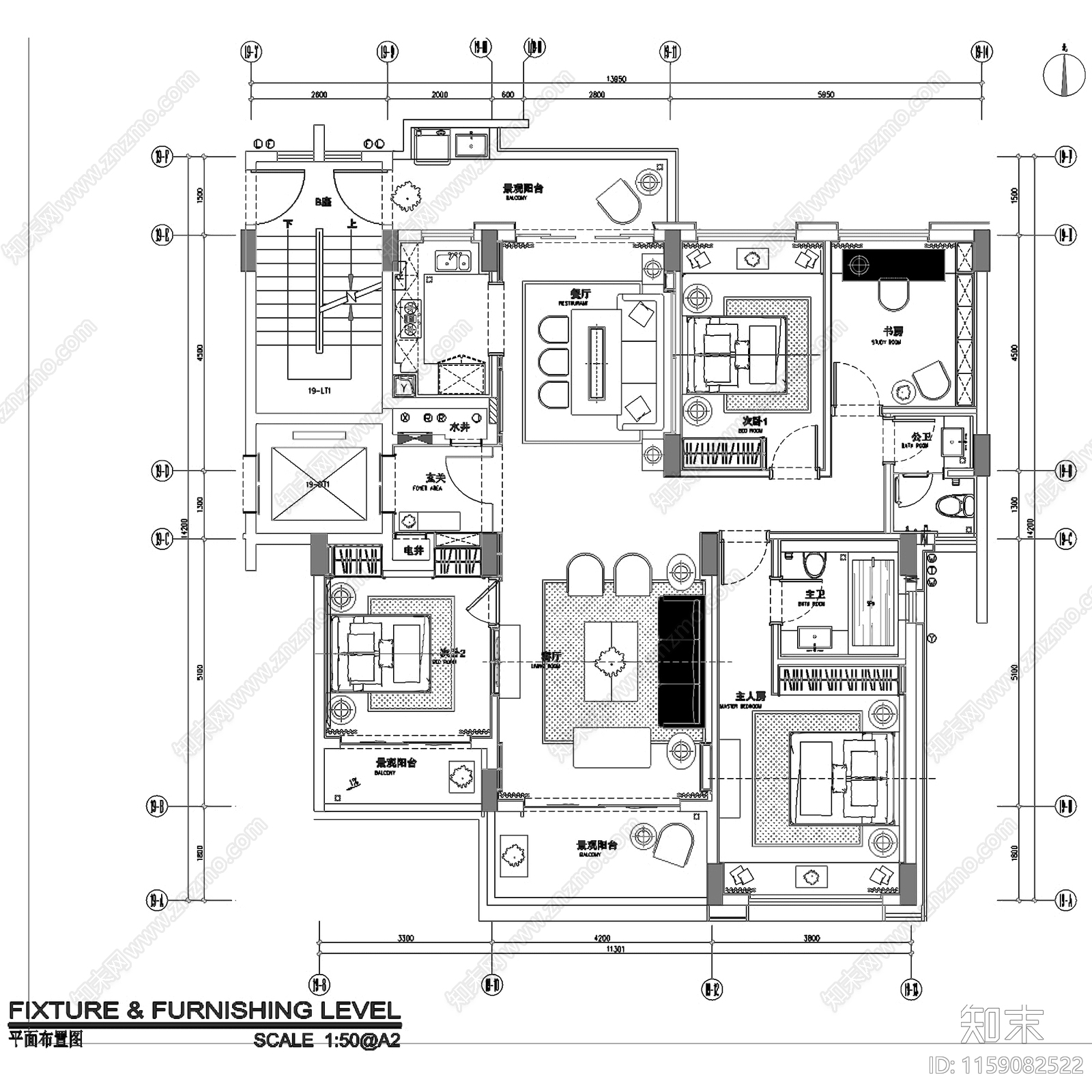 现代新中式前海时代广场A户型样板房室内家装cad施工图下载【ID:1159082522】