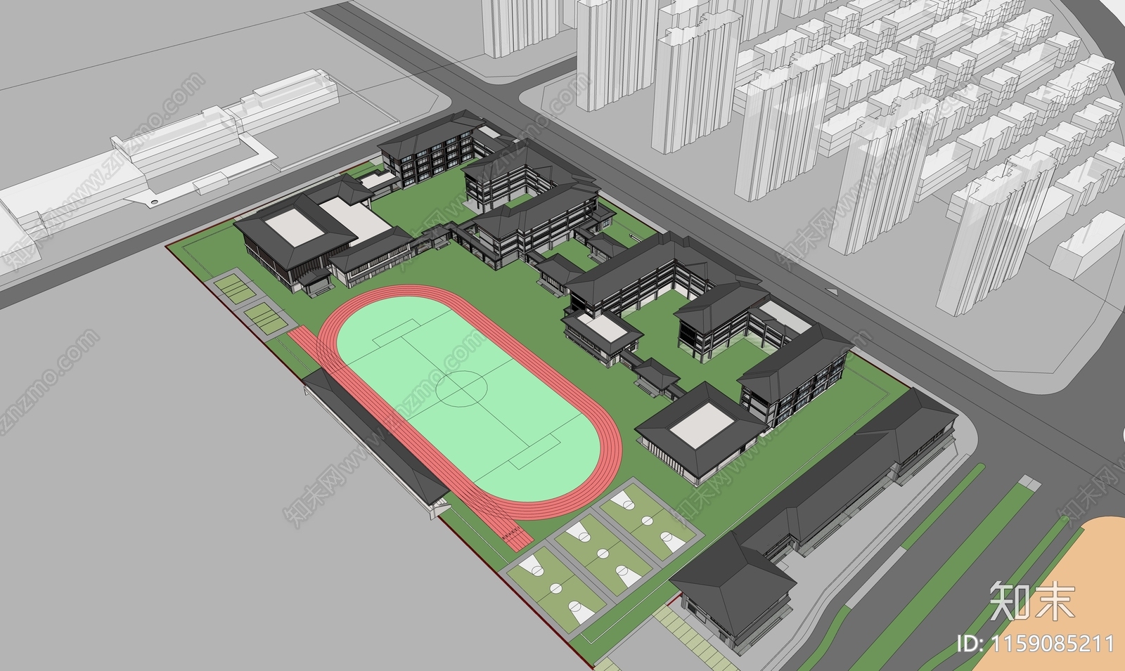 新中式中小学校园SU模型下载【ID:1159085211】