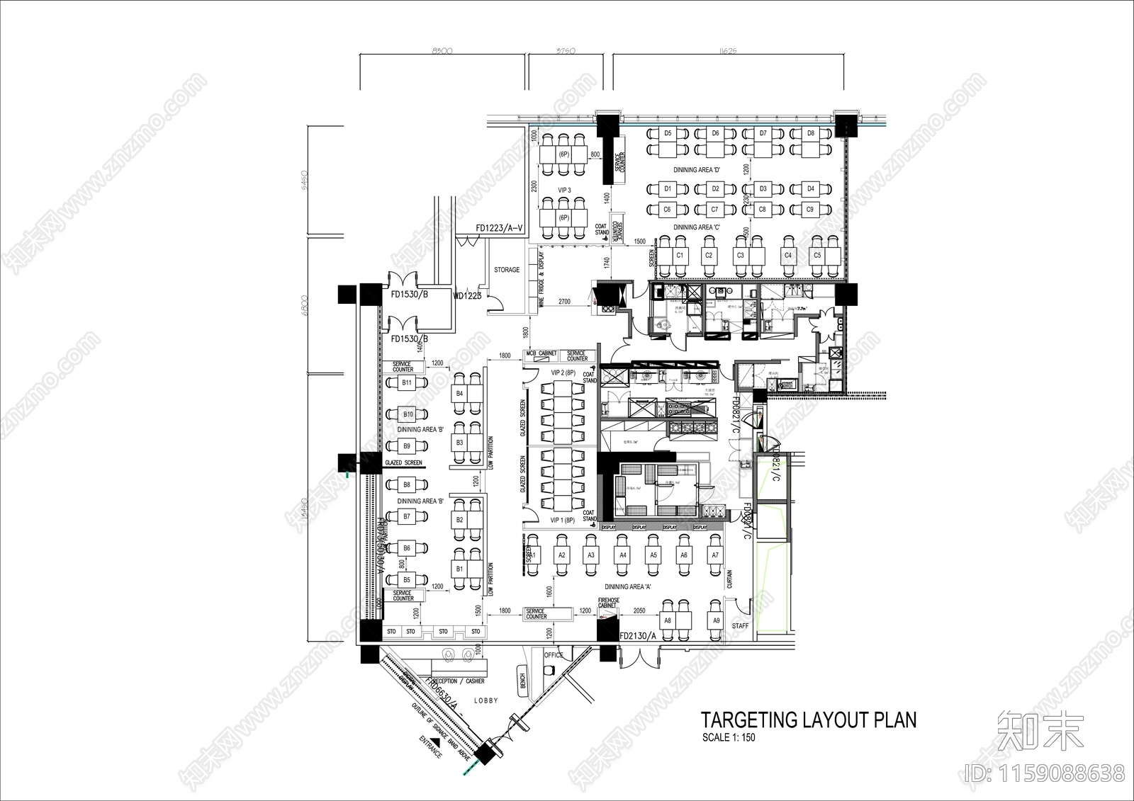 500㎡上海牛排西餐厅平面布置图施工图下载【ID:1159088638】