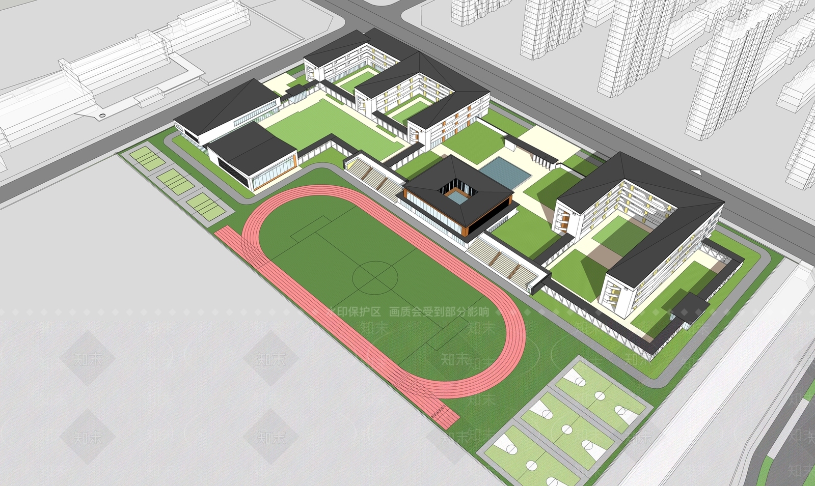 现代折线坡屋顶中小学SU模型下载【ID:1159089401】