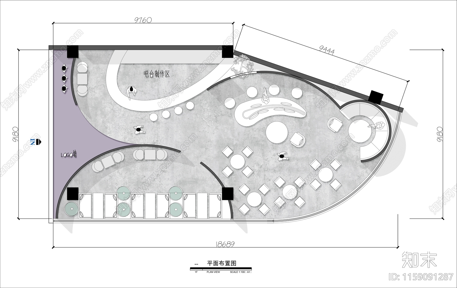 150㎡设计感网红咖啡馆平面布置图施工图下载【ID:1159091287】