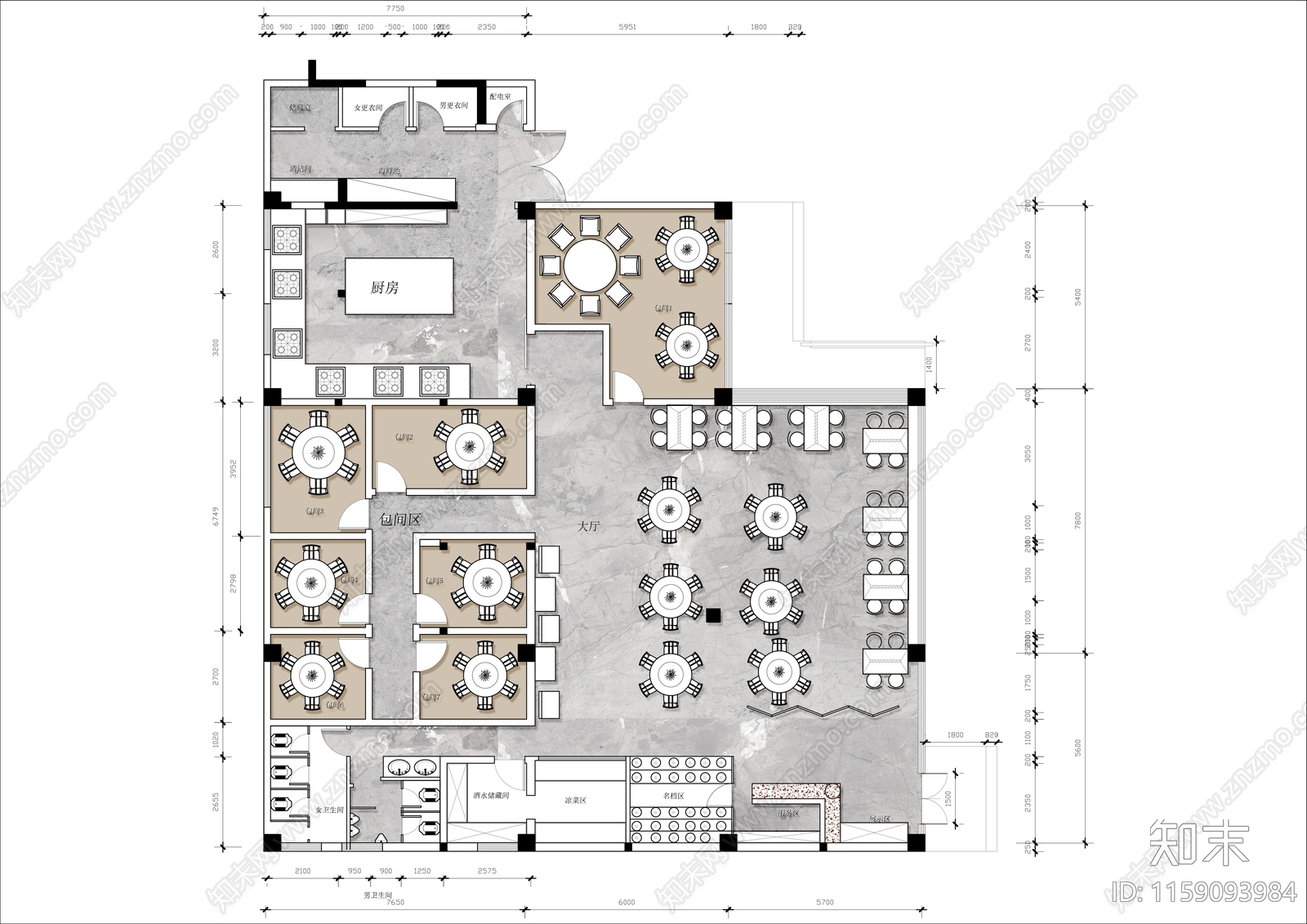 400㎡成都中餐厅平面布置图施工图下载【ID:1159093984】