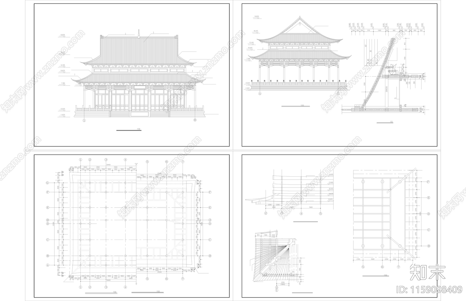 大雄宝殿建筑图纸cad施工图下载【ID:1159098409】