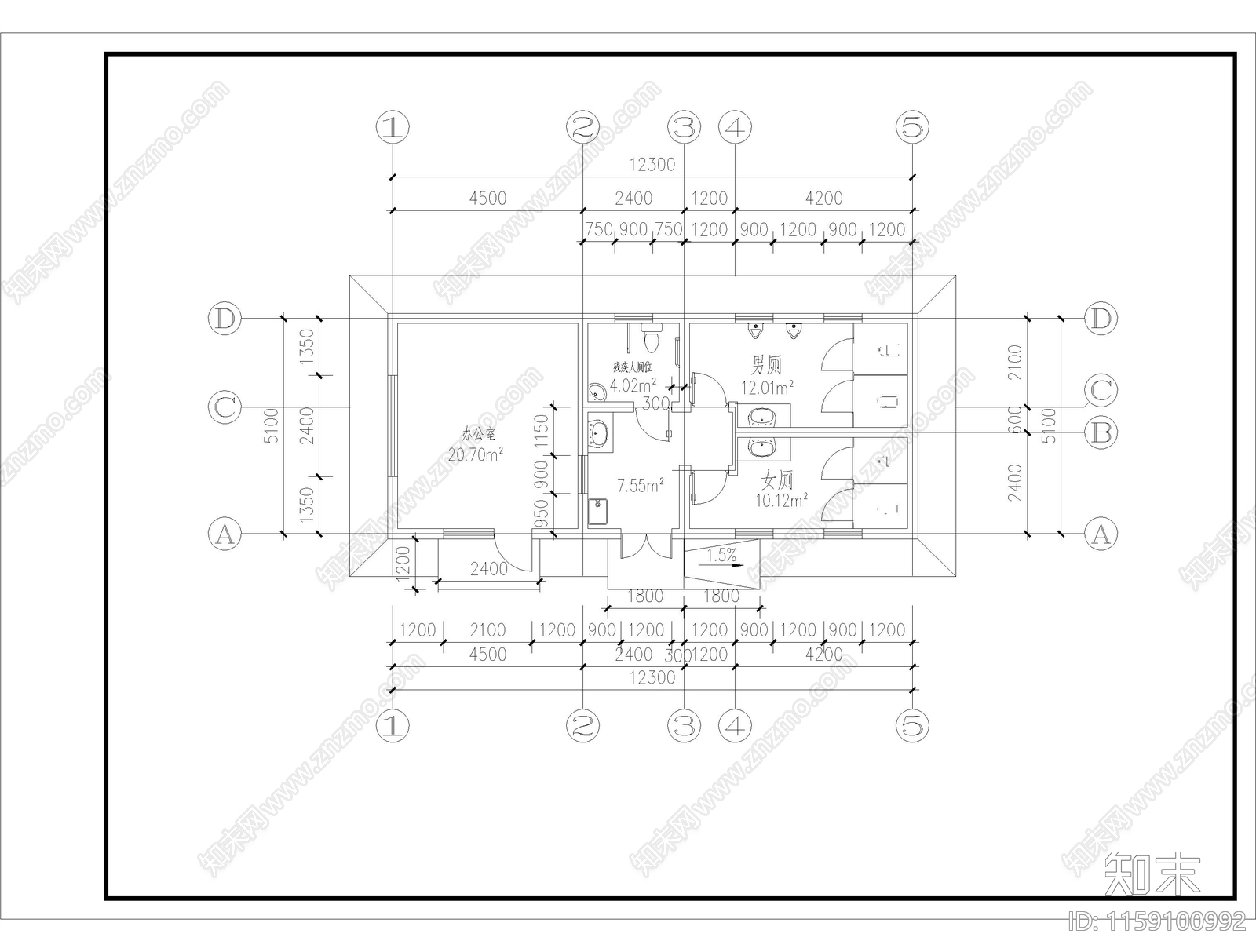 73平米小型公厕建筑方案设计图cad施工图下载【ID:1159100992】