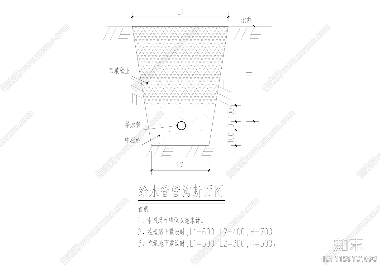 给水管管沟断面图cad施工图下载【ID:1159101096】