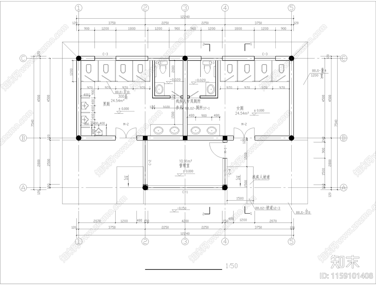 1层72平米砖混结构生态旅游区公厕建施图cad施工图下载【ID:1159101408】