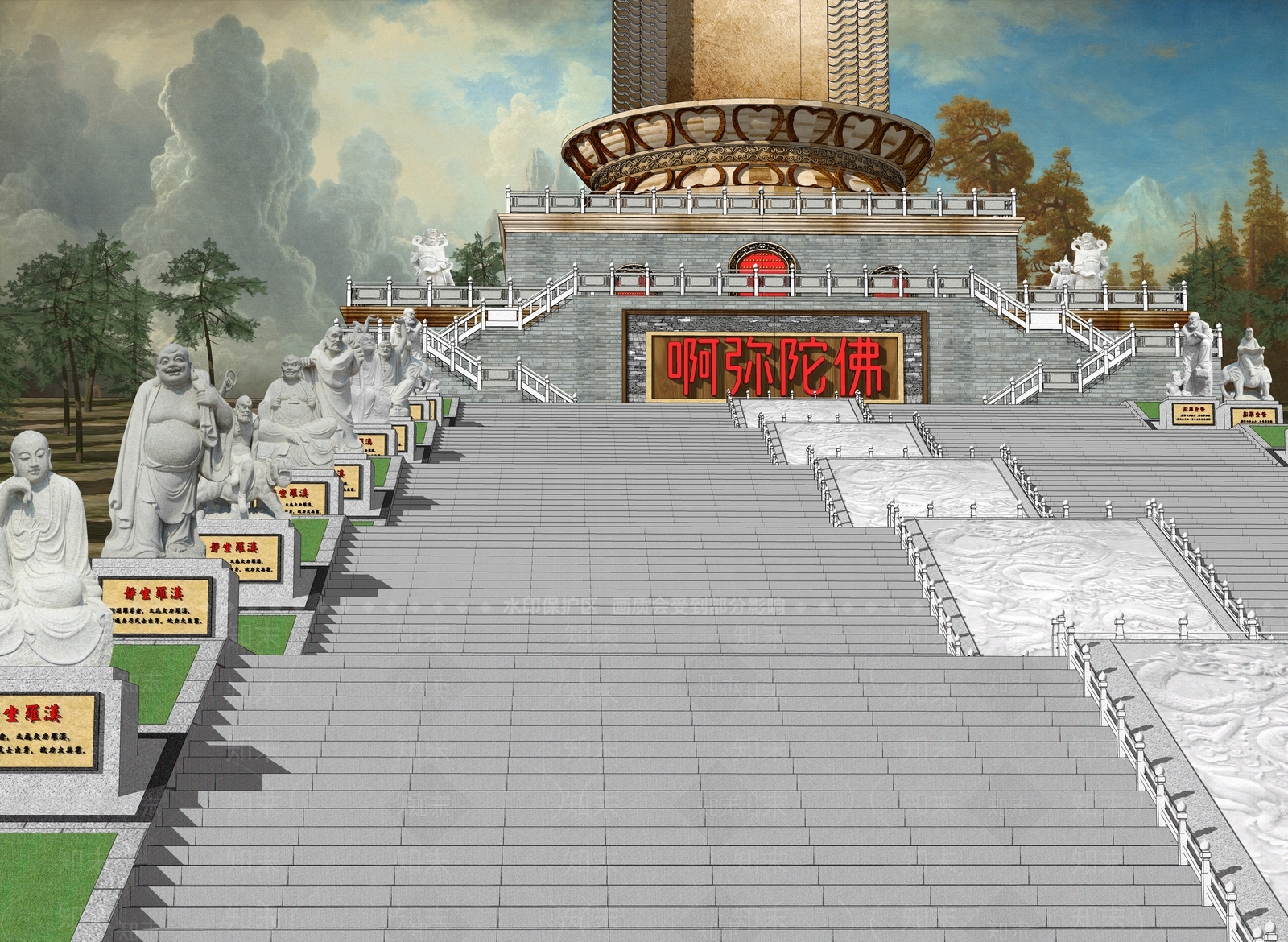 中式罗汉神道台阶SU模型下载【ID:1159109417】