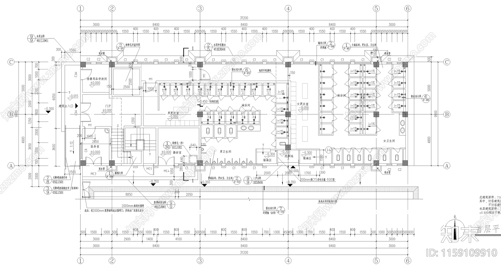 高校游泳池及附属用房建cad施工图下载【ID:1159109910】