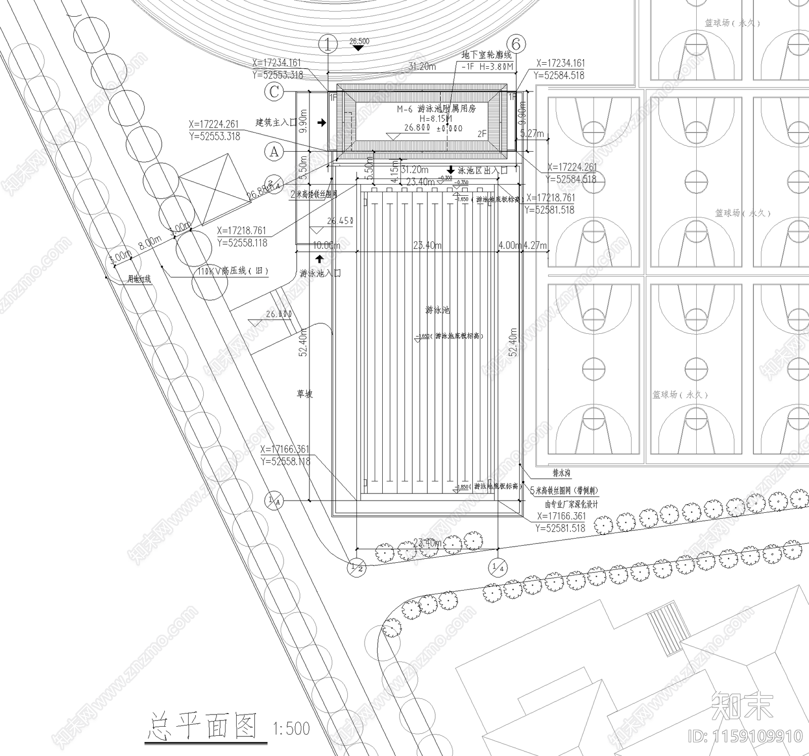 高校游泳池及附属用房建cad施工图下载【ID:1159109910】