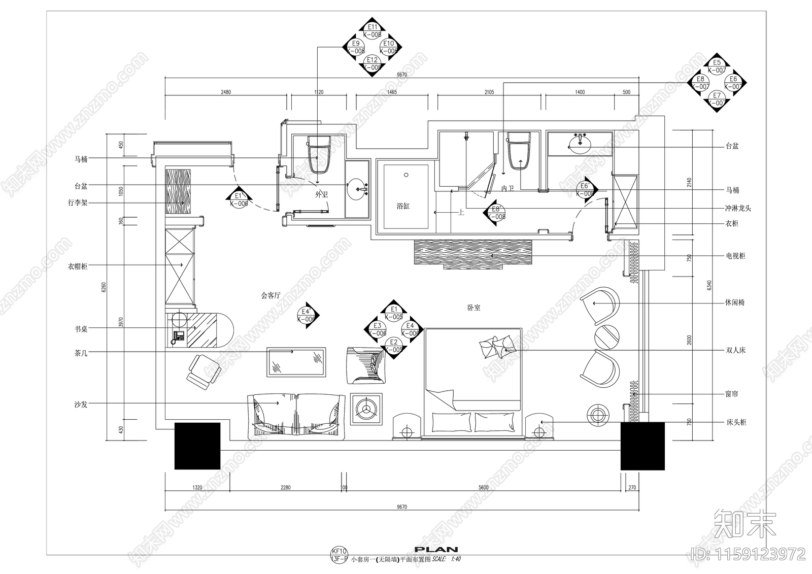 豪华酒店大床房室内精装修cad施工图下载【ID:1159123972】