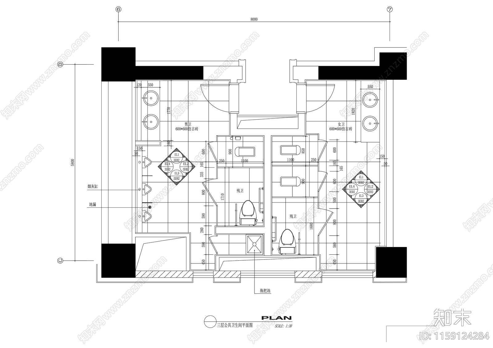 现代公共卫生间洗手间室内精装修cad施工图下载【ID:1159124284】