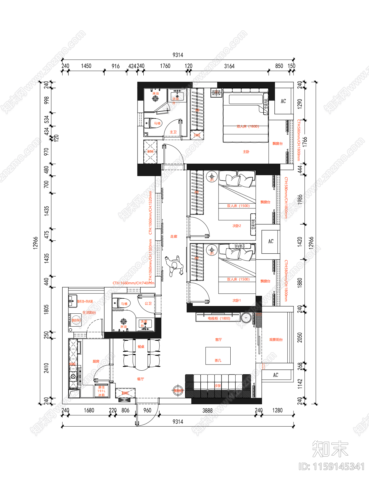 成都2套家装高端租赁施工图下载【ID:1159145341】