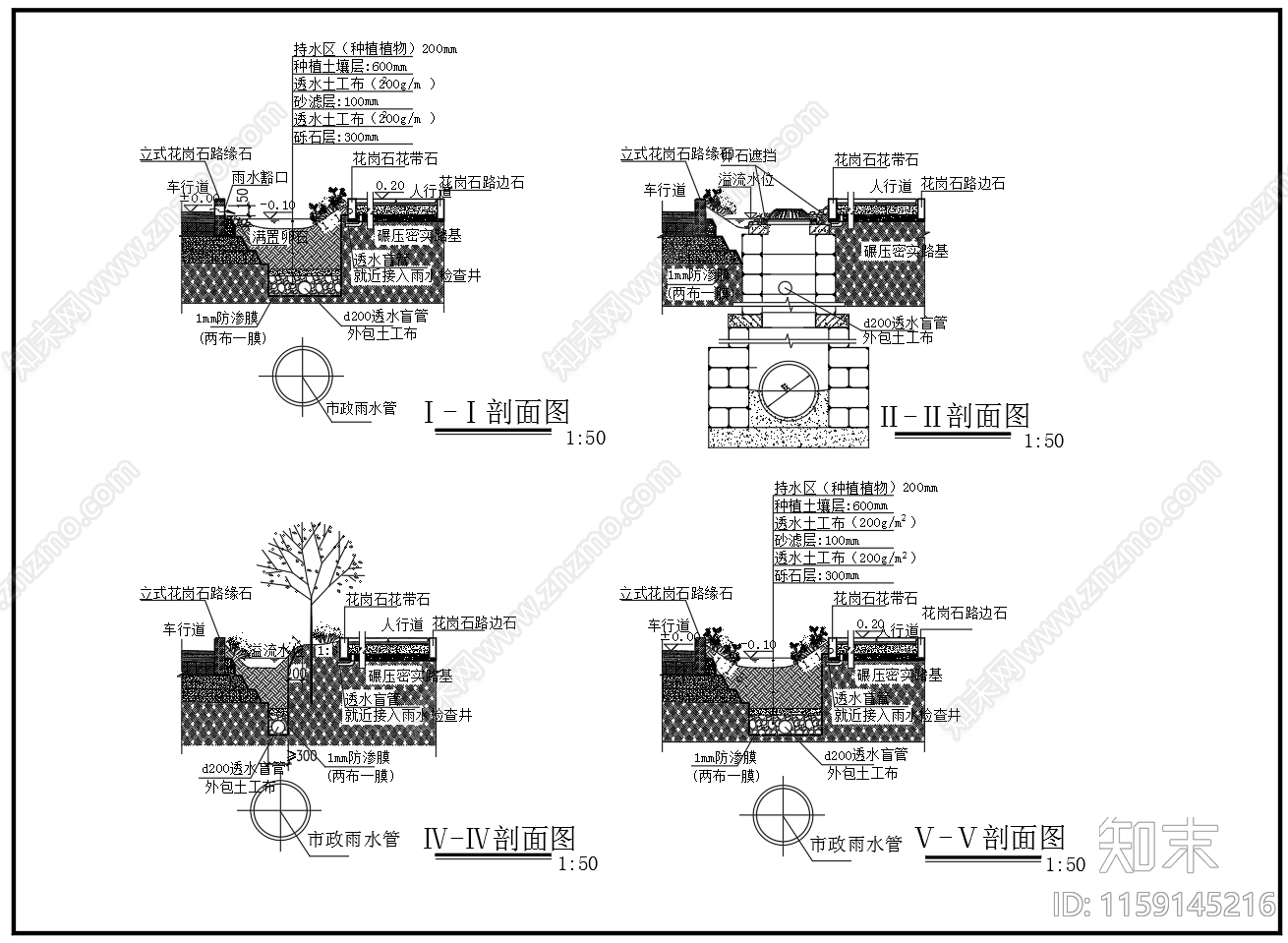 生物滞留带大样图平面剖面图cad施工图下载【ID:1159145216】