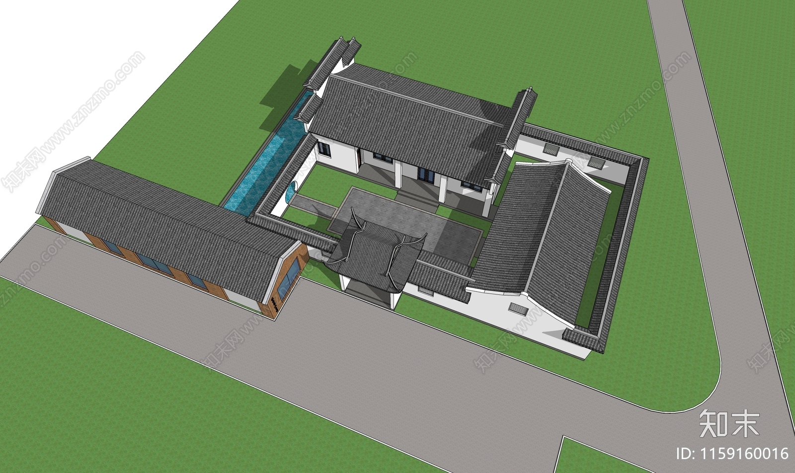 新中式农村徽派四合院带水景SU模型下载【ID:1159160016】