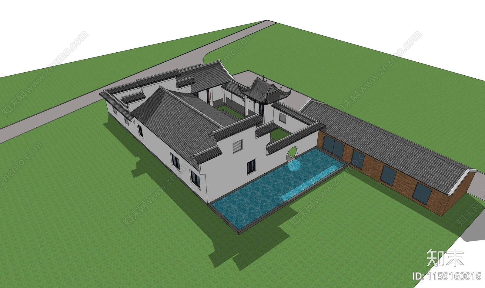新中式农村徽派四合院带水景SU模型下载【ID:1159160016】