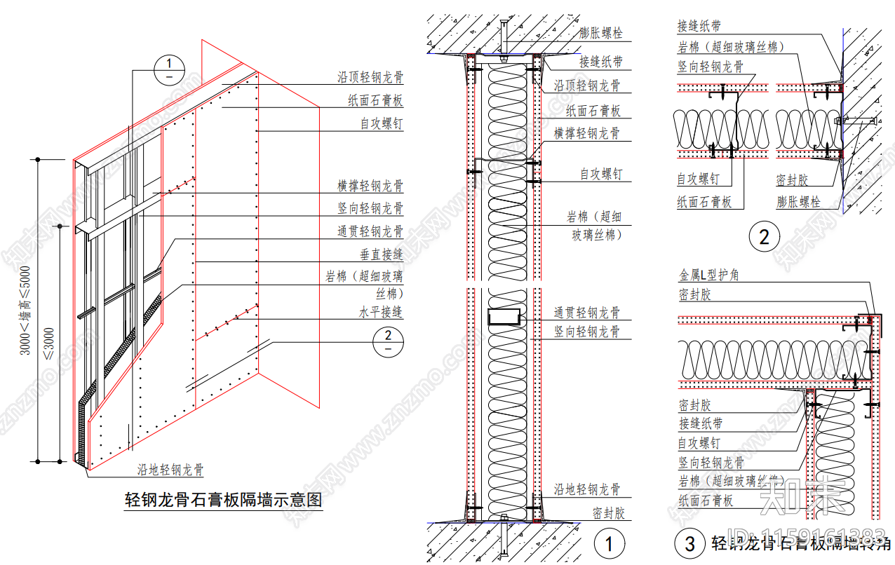 轻钢龙骨石膏板隔墙cad施工图下载【ID:1159161383】