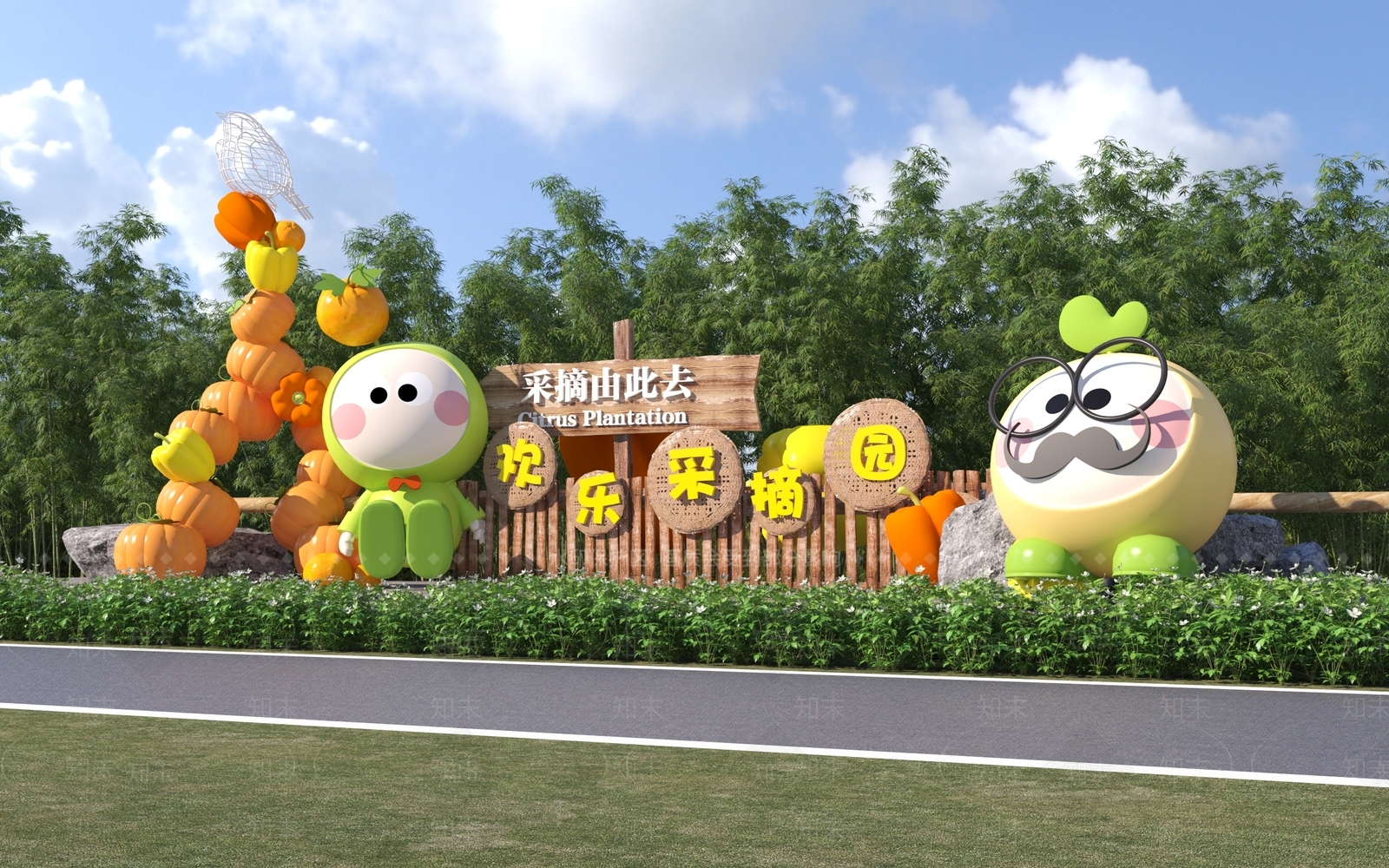 现代水果菜园采摘园入口景墙3D模型下载【ID:1159163366】