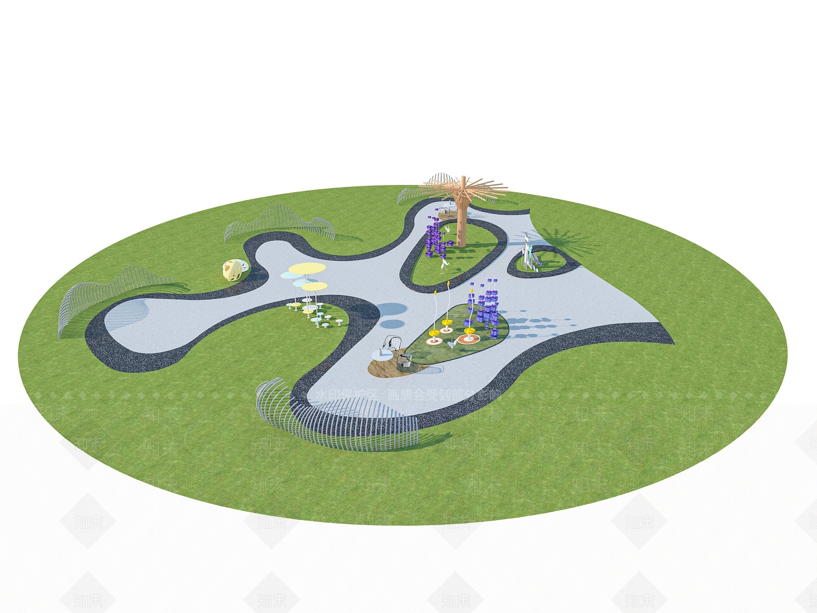 现代口袋公园景观小品儿童器材运动健身设施花朵廊架金属雕塑构建3D模型下载【ID:1159166340】