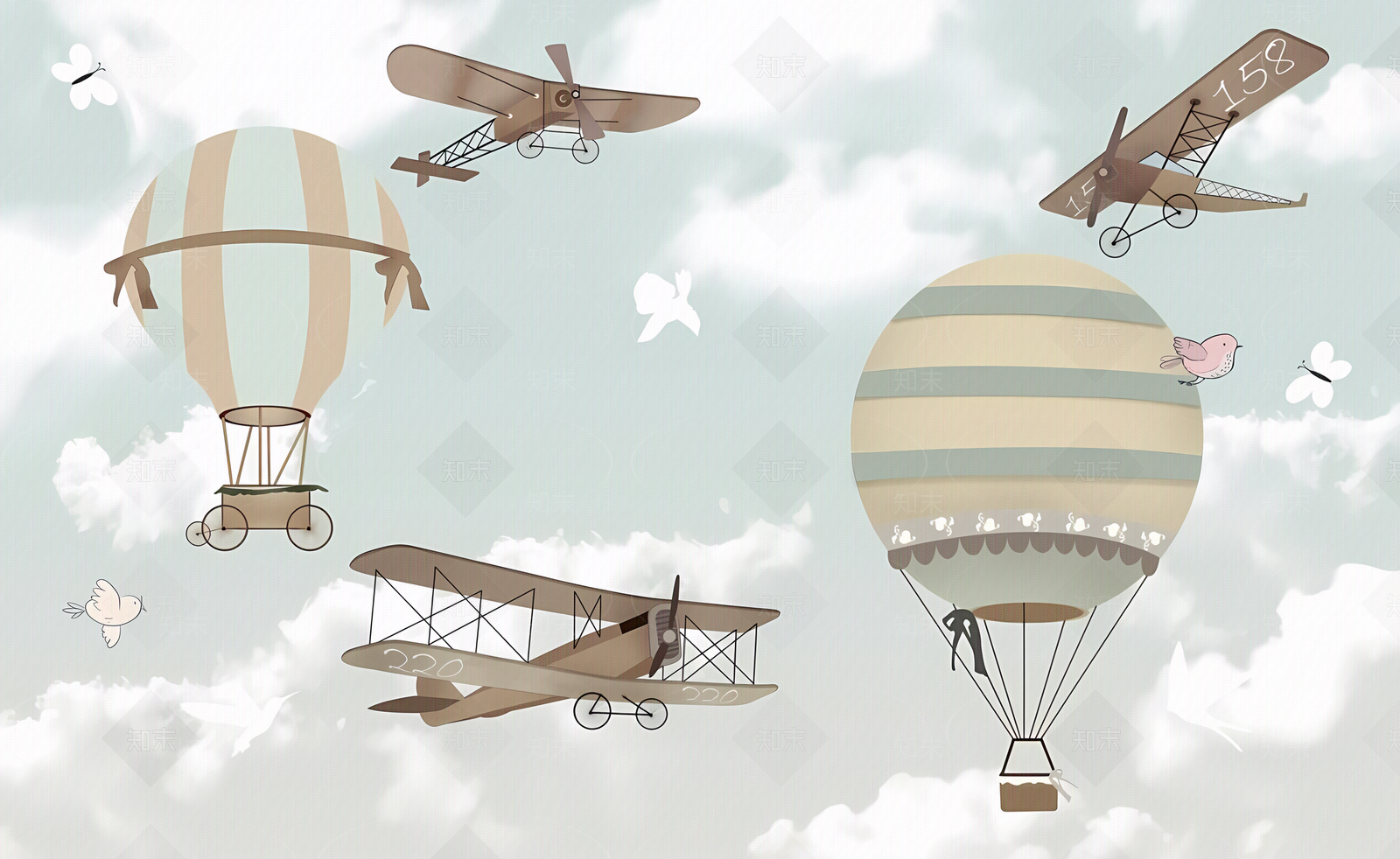 儿童卡通天空热气球壁纸壁画贴图下载【ID:1159169940】