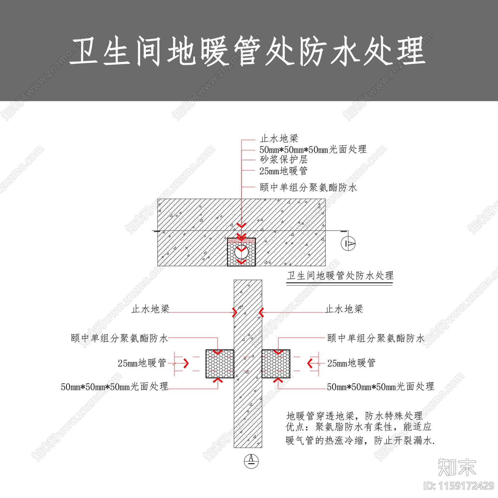 卫生间地暖管处防水处理节点cad施工图下载【ID:1159172429】