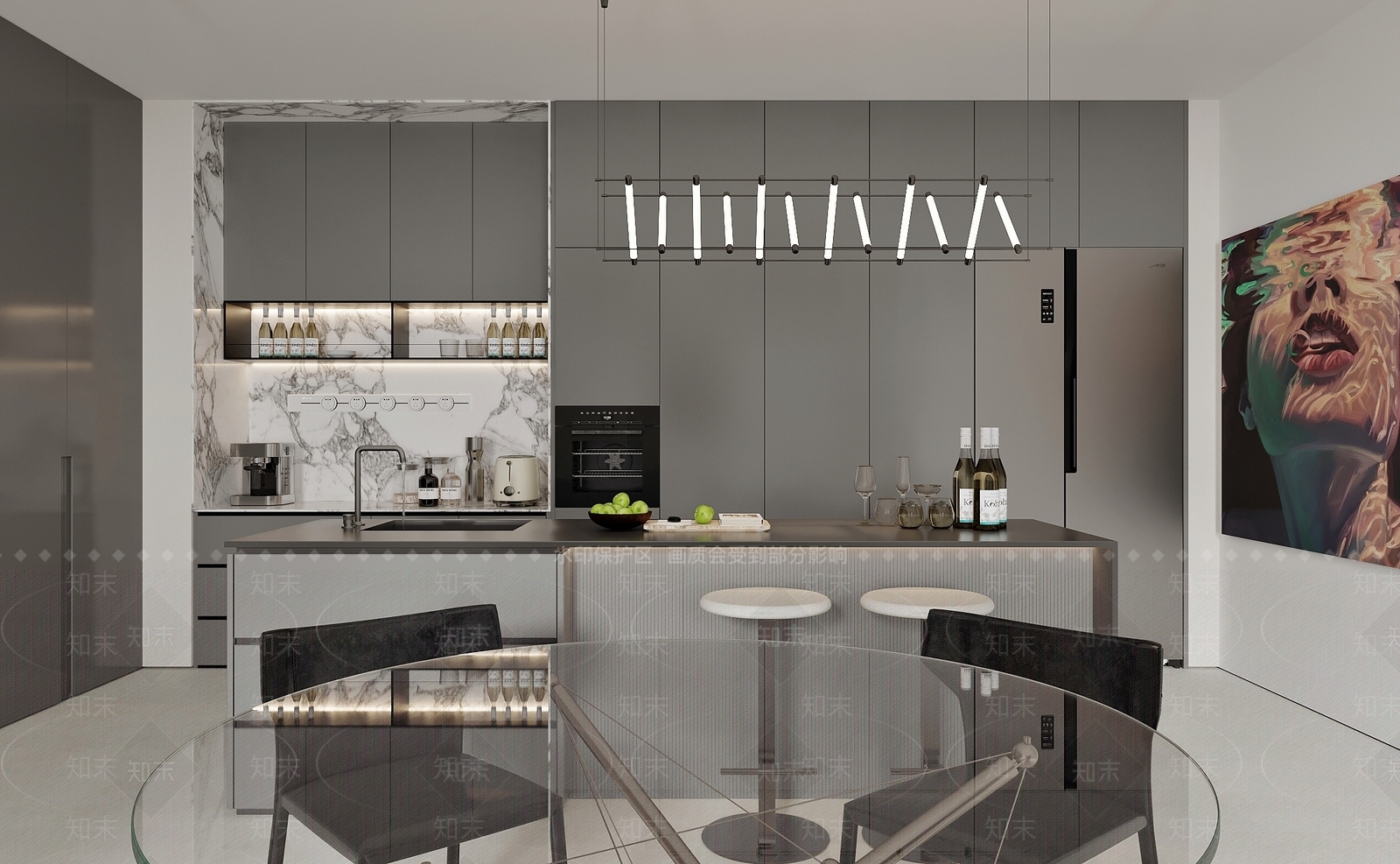 开放式厨房冰箱烤箱吧台吧台椅吊灯水吧装饰品挂画酒杯酒3D模型下载【ID:1159177154】