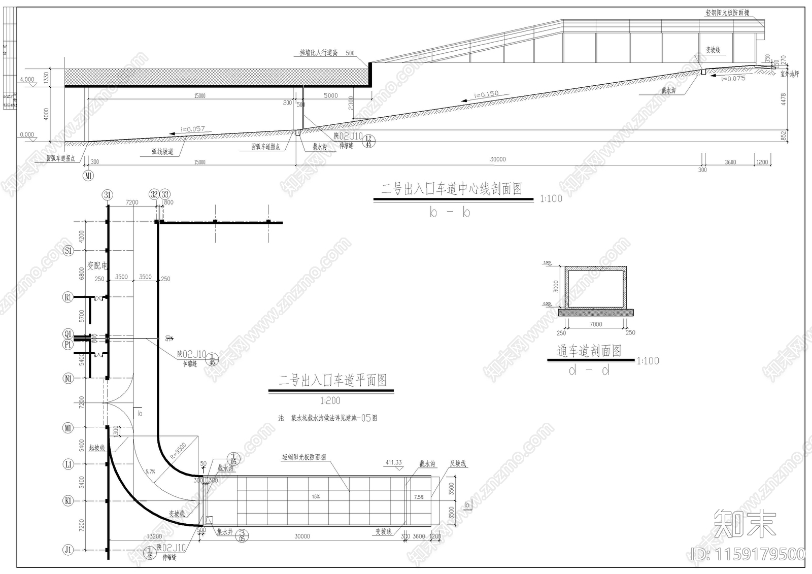 地下车库车道详面图cad施工图下载【ID:1159179500】