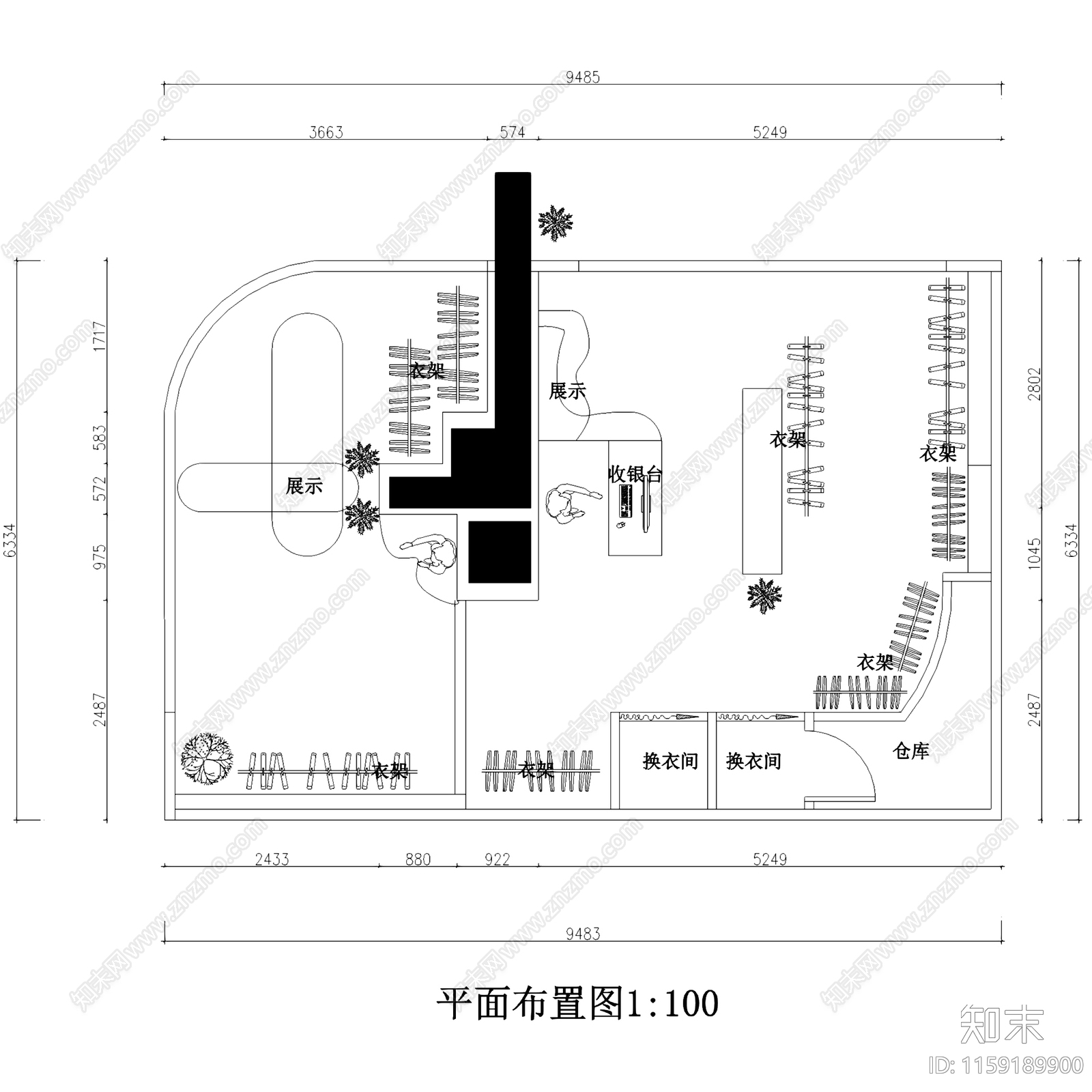 现代59㎡幸会服装店室内工装CAcad施工图下载【ID:1159189900】