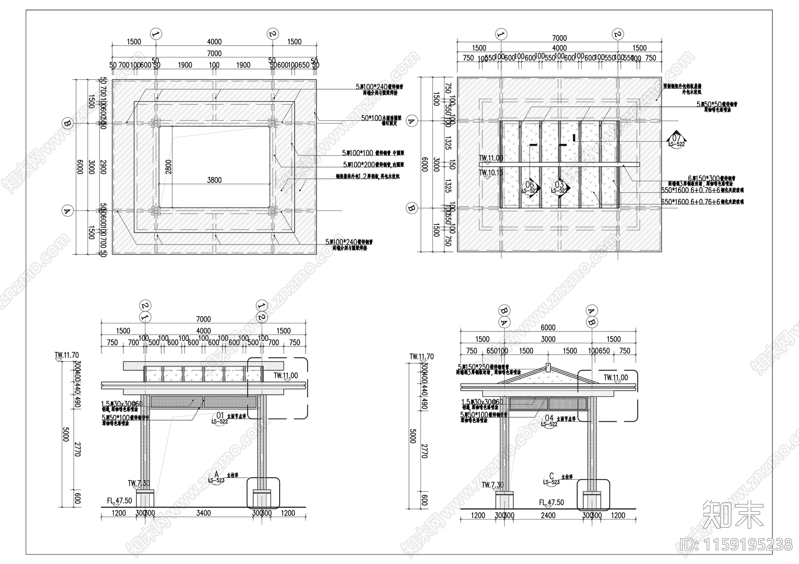现代玻璃坡屋顶面亭廊做法详图施工图下载【ID:1159195238】