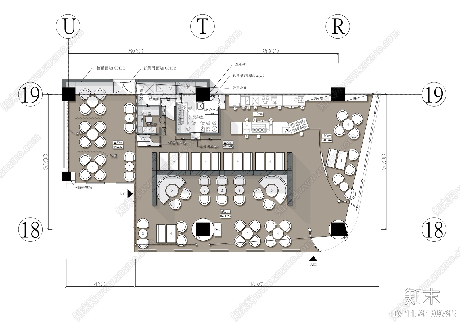 200㎡现代咖啡馆平面布置图施工图下载【ID:1159199795】
