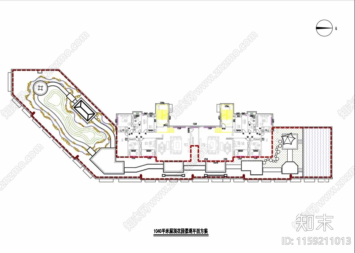 1040㎡屋顶花园景观平面方案cad施工图下载【ID:1159211013】