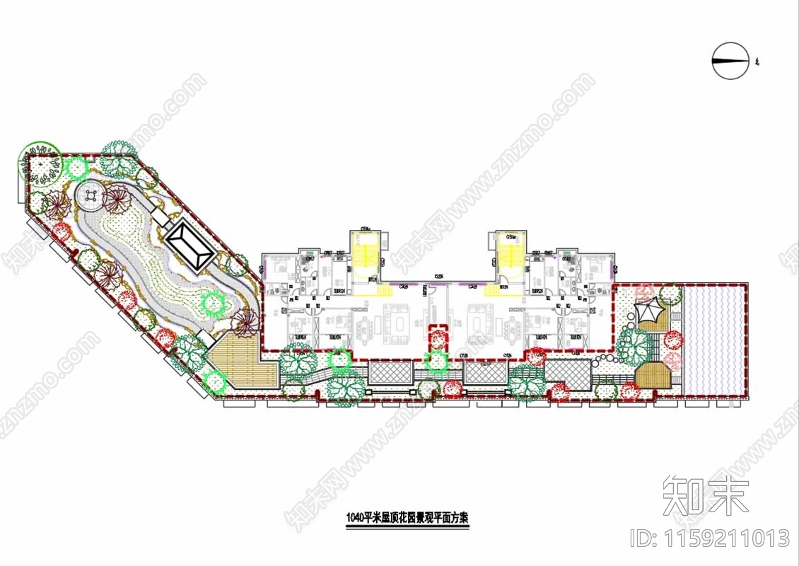 1040㎡屋顶花园景观平面方案cad施工图下载【ID:1159211013】