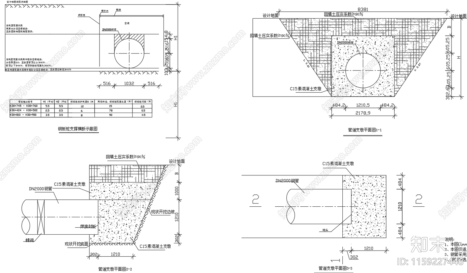 给排水管道支墩图回填土断面图施工图下载【ID:1159227446】