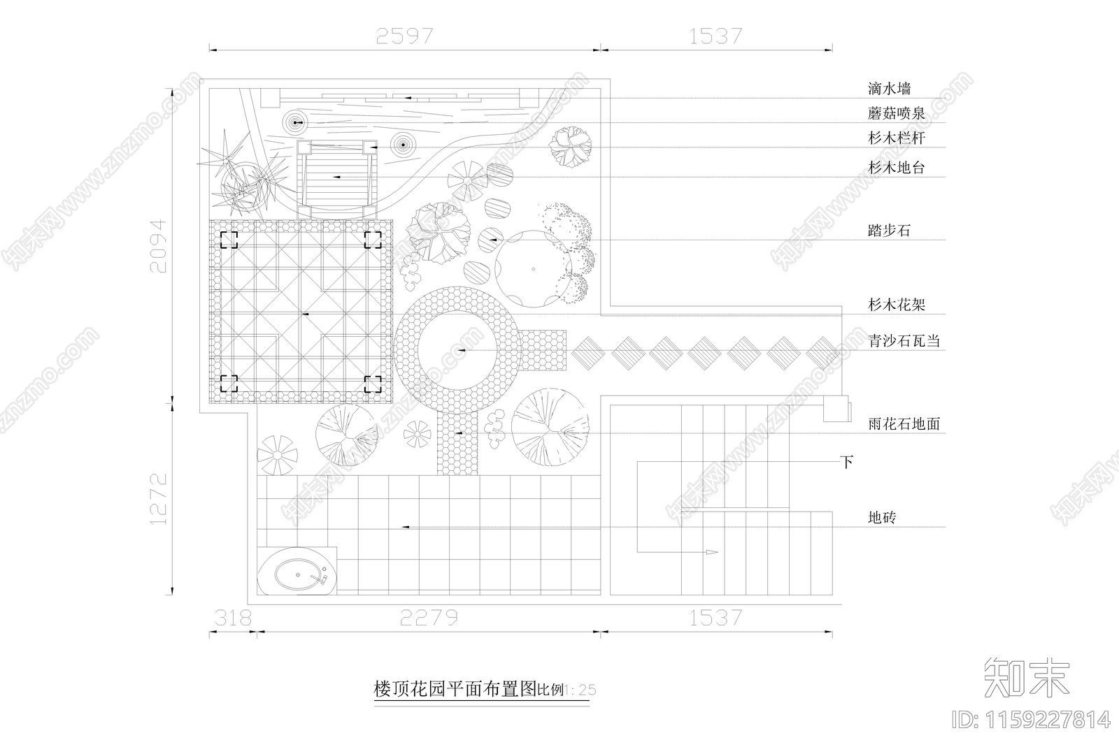 屋顶花园及庭院景观cad施工图下载【ID:1159227814】