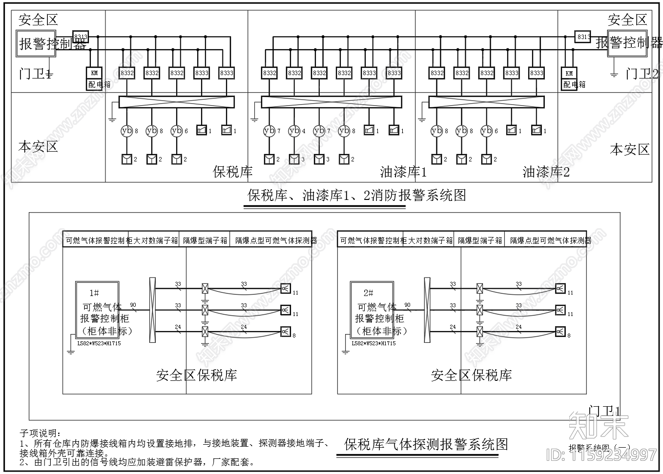 可燃易爆仓库气体探测报警系统平面图施工图下载【ID:1159234997】