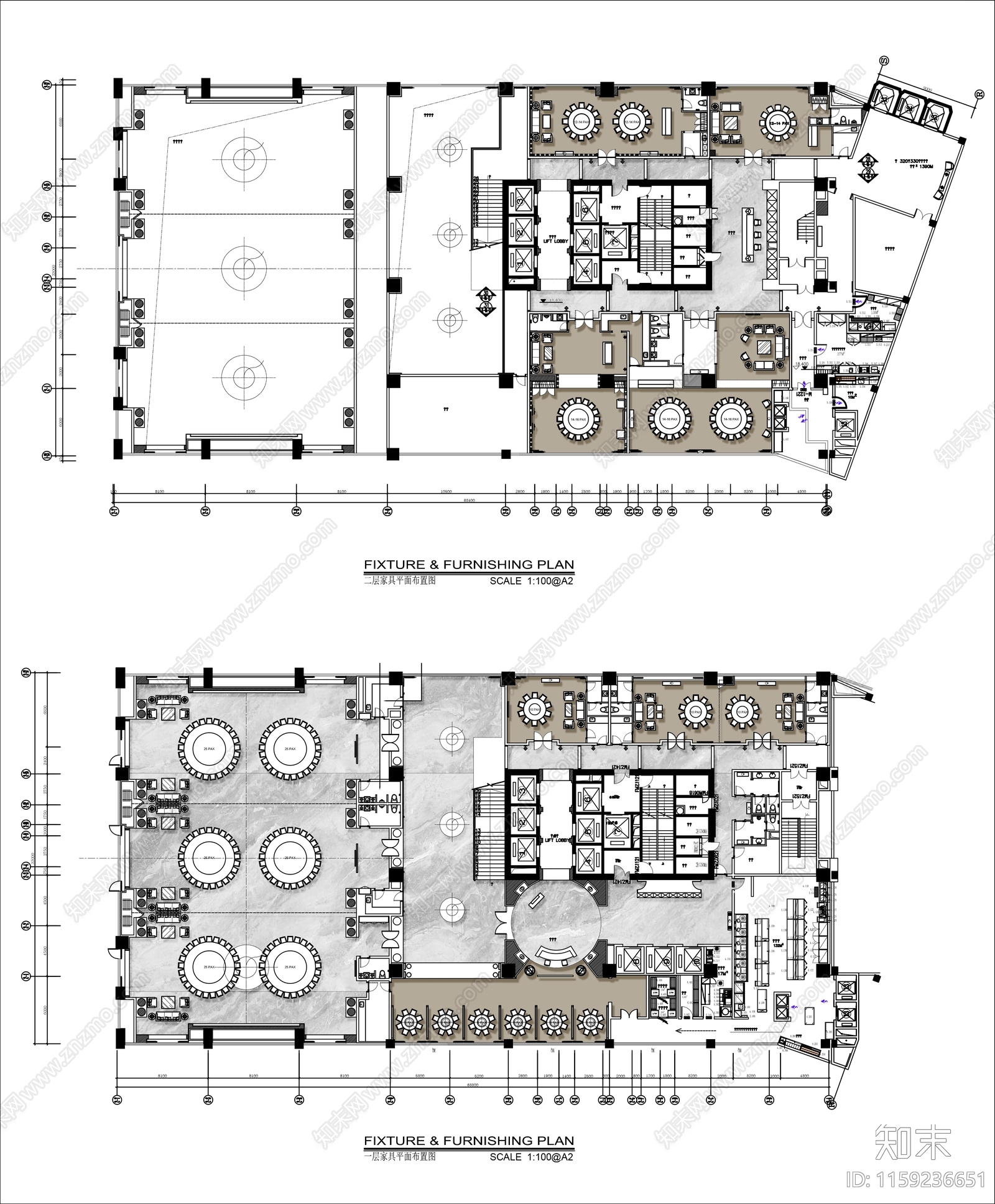 3000㎡两层酒店宴会餐厅平面布置图施工图下载【ID:1159236651】