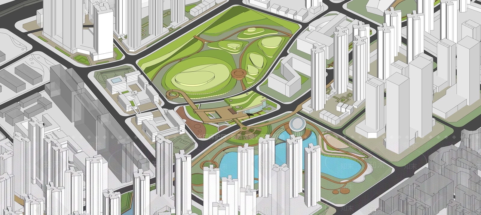 现代大型滨水商业住宅城市简模规划SU模型下载【ID:1159241507】
