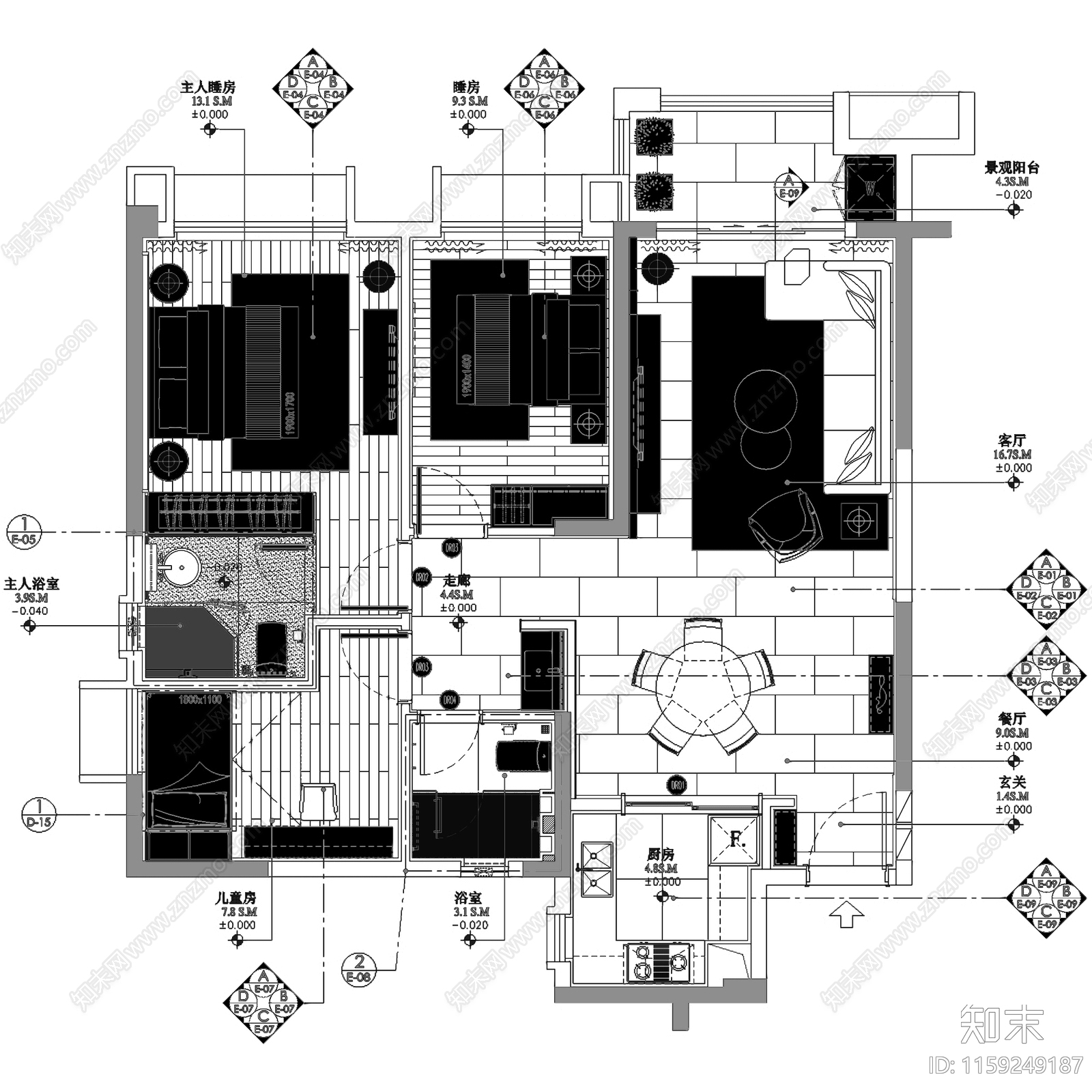 现代中山雅居乐富华西平层三室两厅室内家装cad施工图下载【ID:1159249187】