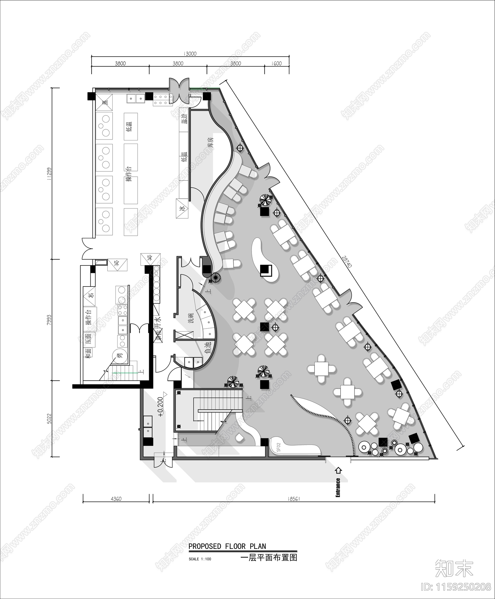 800㎡两层设计感主题餐厅平面布置图施工图下载【ID:1159250208】