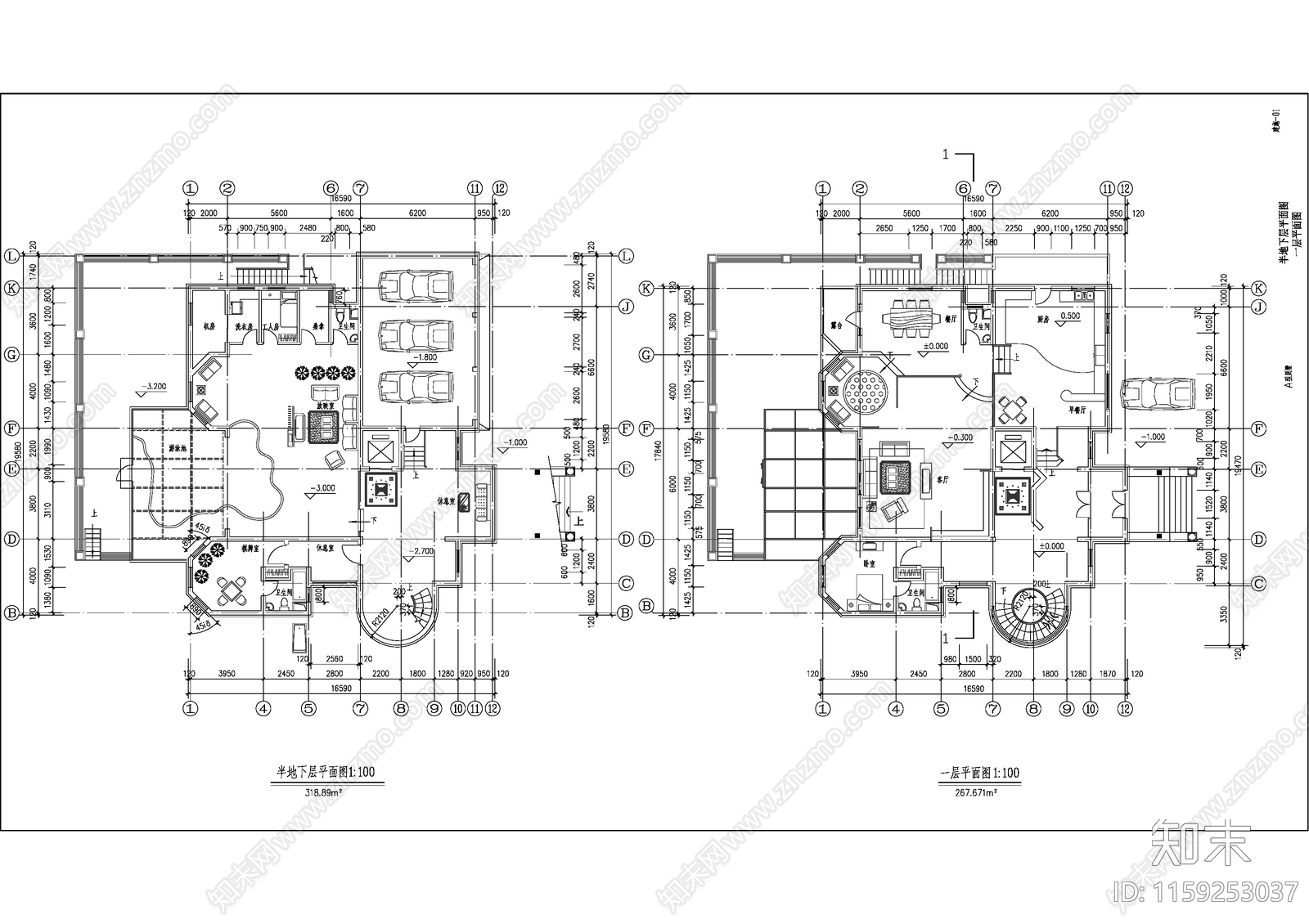 267平米三层独栋别墅建筑设计图cad施工图下载【ID:1159253037】