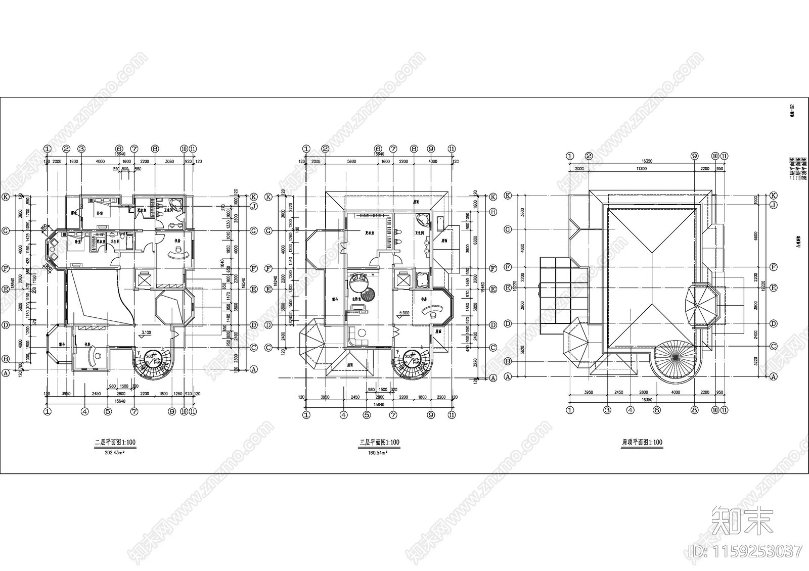 267平米三层独栋别墅建筑设计图cad施工图下载【ID:1159253037】