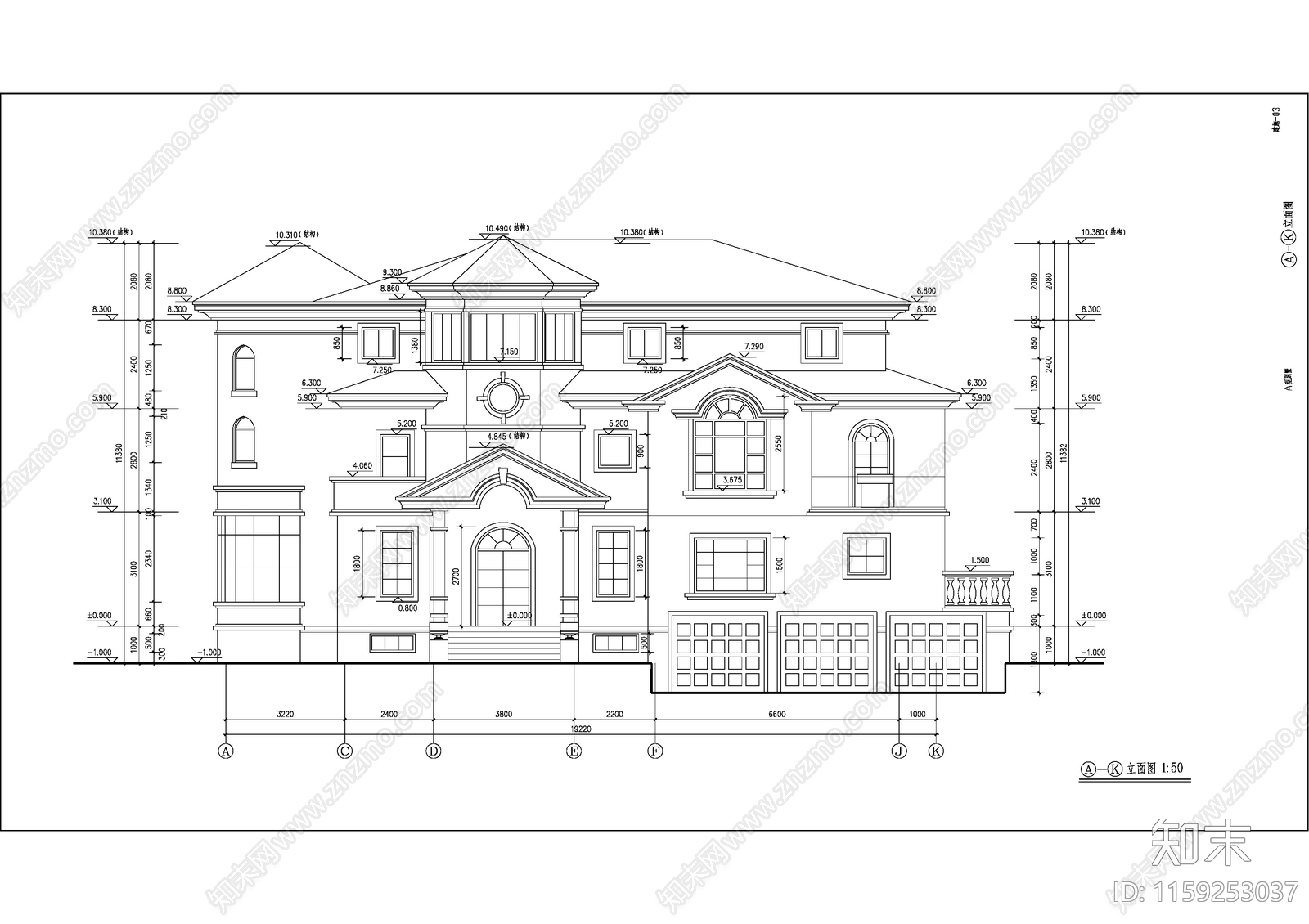 267平米三层独栋别墅建筑设计图cad施工图下载【ID:1159253037】