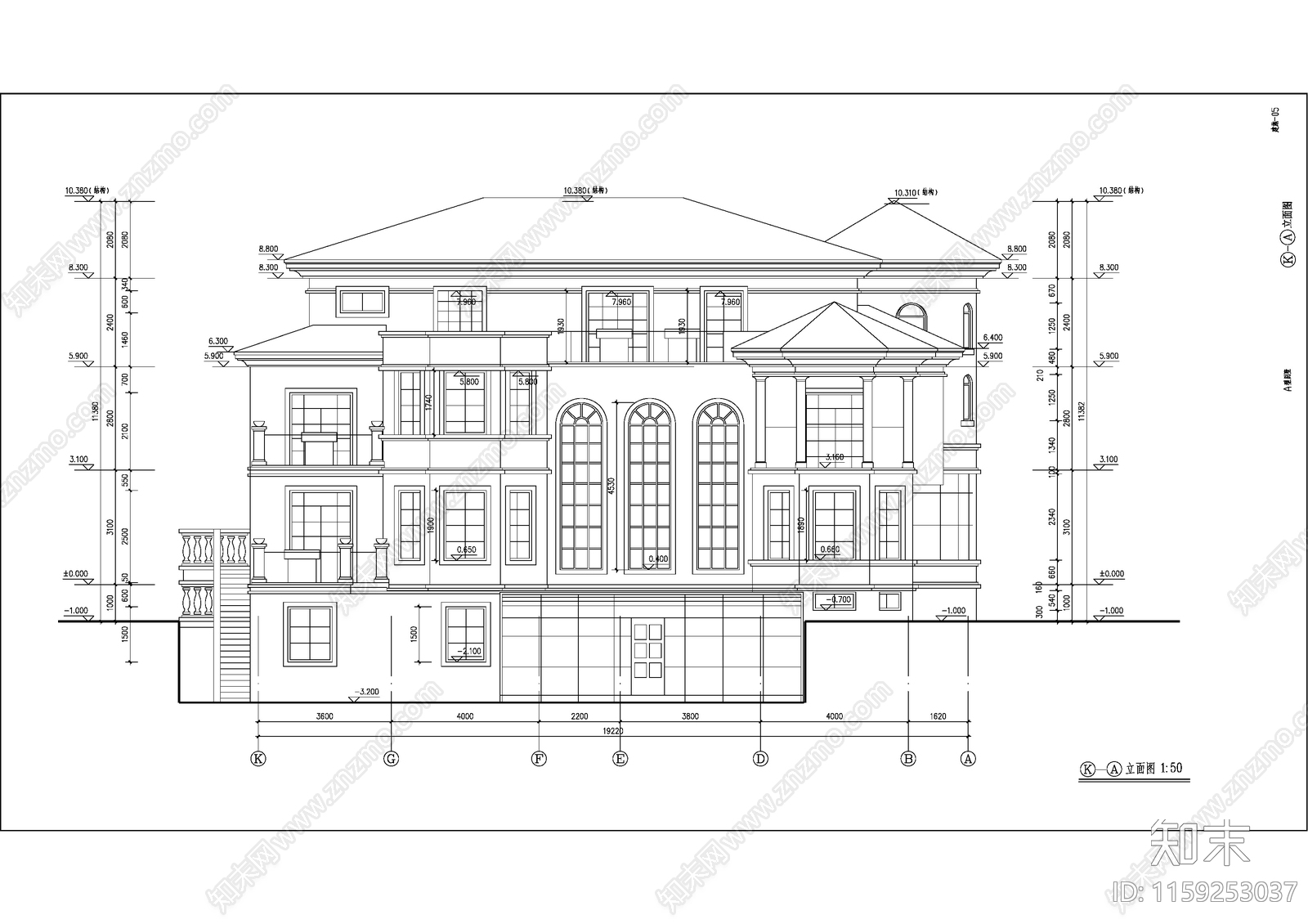 267平米三层独栋别墅建筑设计图cad施工图下载【ID:1159253037】