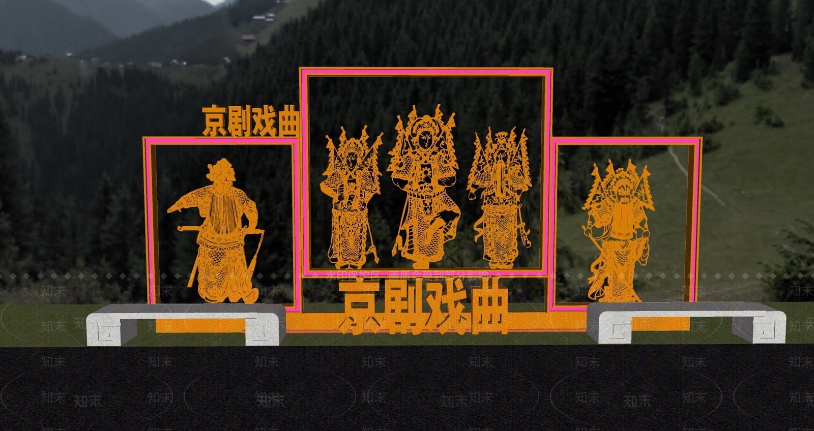 中式景观雕塑3D模型渲染效果图