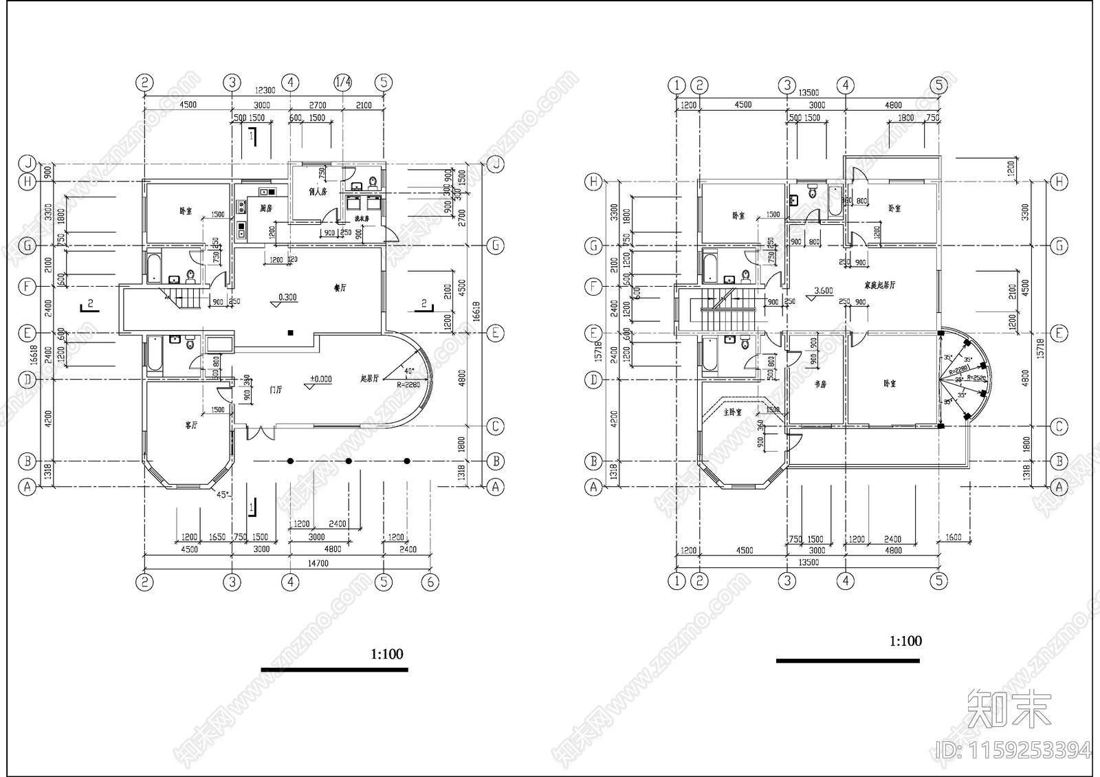 三层实用别墅详细建筑设cad施工图下载【ID:1159253394】