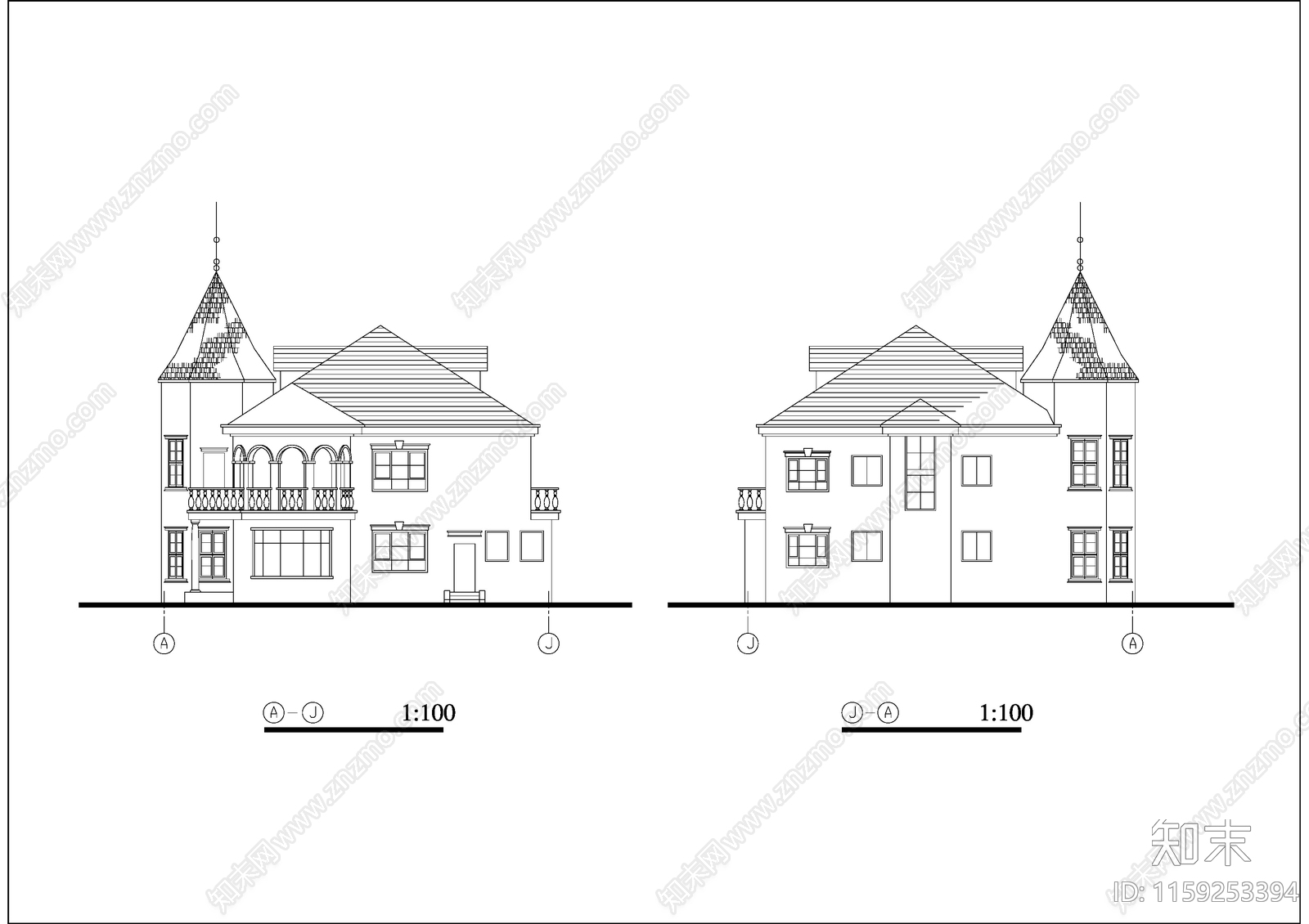 三层实用别墅详细建筑设cad施工图下载【ID:1159253394】