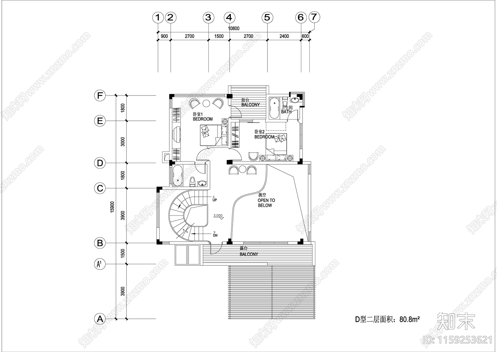 带旋转楼梯三层高档别墅设计图cad施工图下载【ID:1159253621】